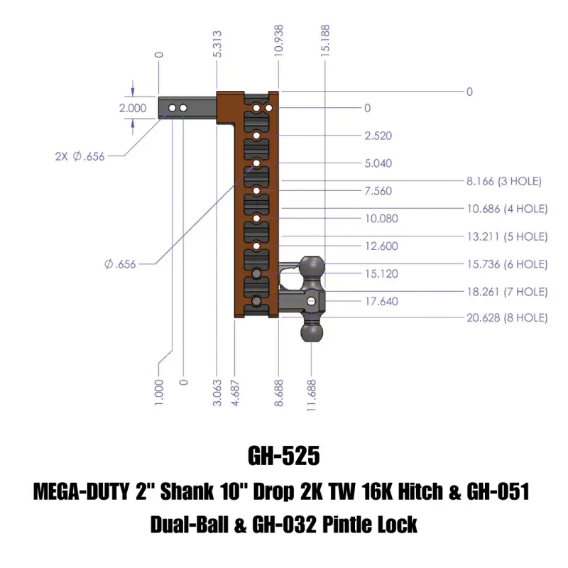 Gen-Y Mega Duty 2In Shank 10In Drop 2K Tw 16K Hitch W/Gh-051 Dual-Ball/Gh-032 Pintle Lock 1