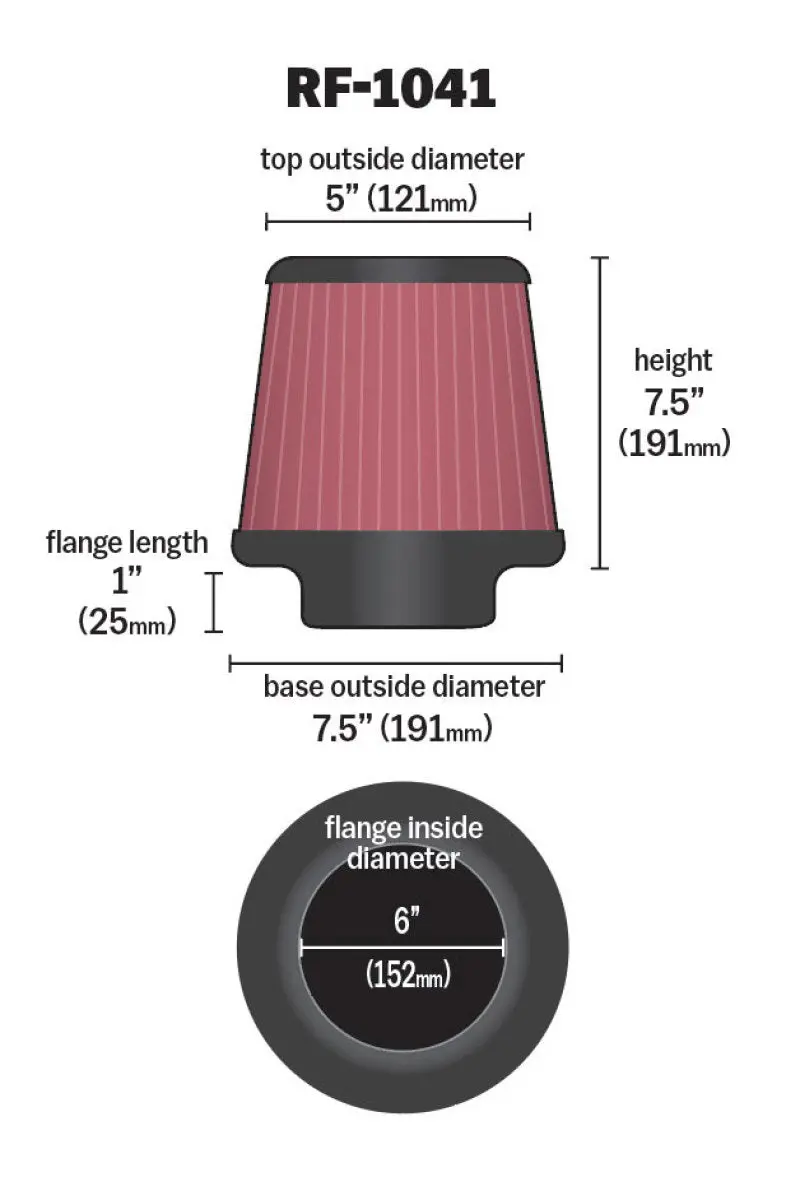 K&N Round Tapered Universal Air Filter 6 Inch Flange 7 1/2 Inch Base 5 Inch Top 7 1/2 Inch Height 2