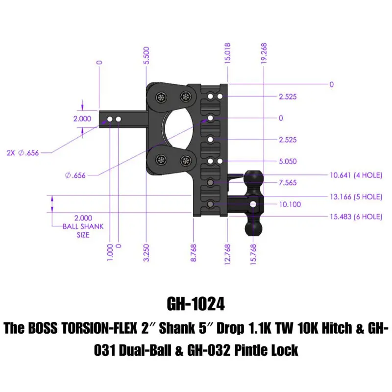 Gen-Y The Boss Torsion-Flex 2In Shank 5In Drop 10K Hitch W/Gh-031 Dual-Ball/Gh-032 Pintle Lock 1