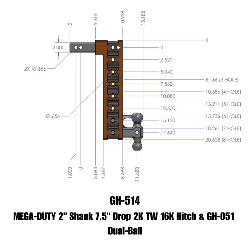 Gen-Y Mega Duty 2In Shank 7.5In Drop 2K Tw 16K Hitch W/Gh-051 Dual-Ball 1