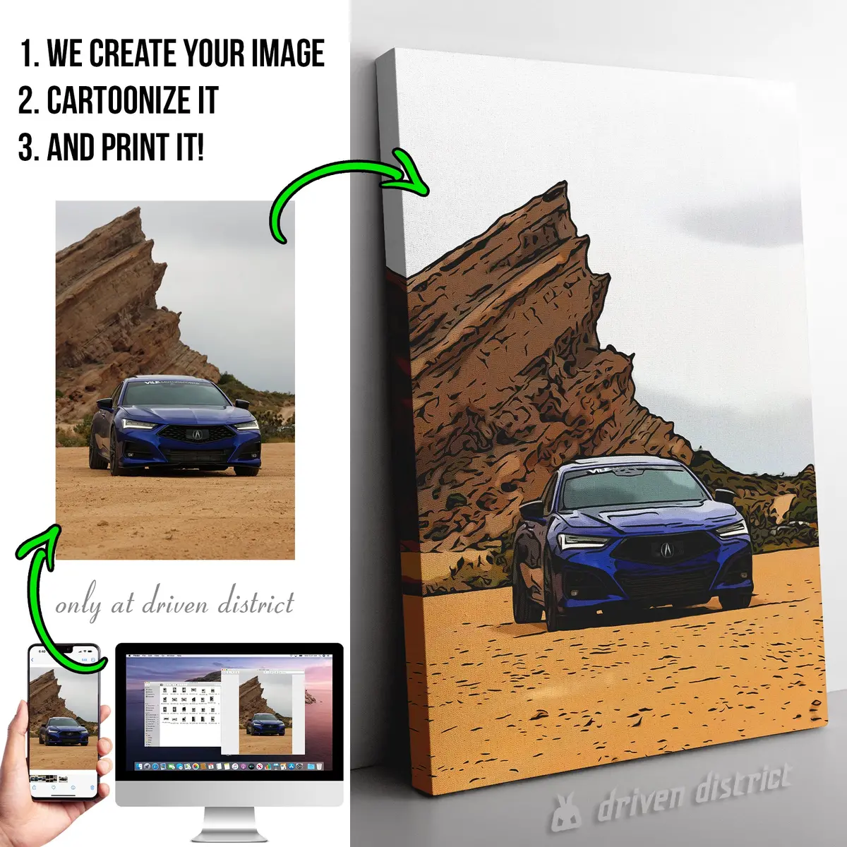 Custom Cartoonized Car Canvas Wall Art - Upload Your Photo (Vertical) 1