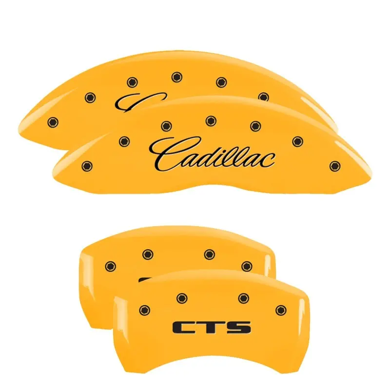 Mgp 4-Piston Caliper Covers – Engraved Front (Cursive) & Rear (Cadillac Logo), Yellow-On-Black Finish For Cadillac Cts 1
