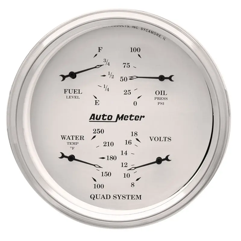 Autometer Quad Gauge Cluster — Five 5-Inch Analog Gauges, 240–33 Ohm Sending Unit Compatibility, Vintage White Face 1