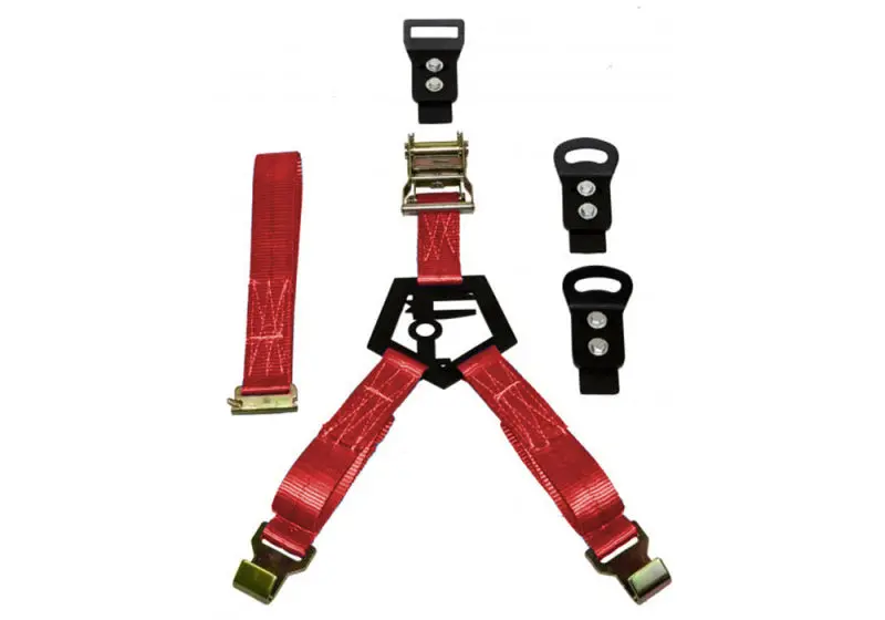 N-Fab Universal Rapid Tire Strap System – Bed-Mounted, Gloss Black Frame With Red Straps 1