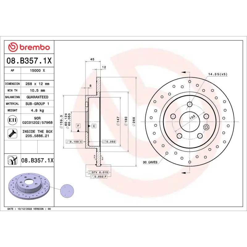 Brembo Oe Replacement Drilled Brake Disc – Rear, For 2015 Chevrolet Cruze 1